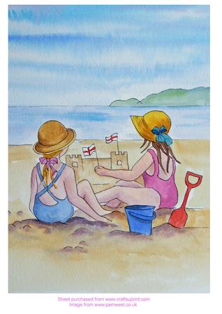 Original Watercolour Painting Building a Sandcastle