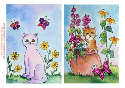 2 Origina Watercolours - Cats in the Garden