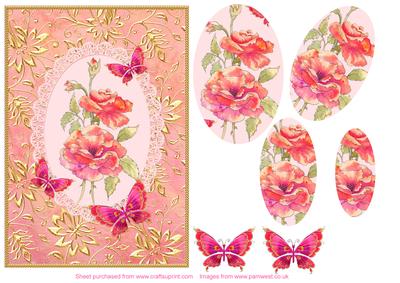 Red Roses Butterflies and Gilded Frame Decoupage