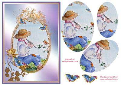 Vintage Style Boy with Flute and Butterflies Decoupage
