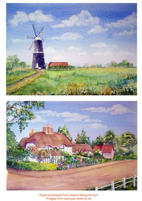 Windmill and Thatched Cottages. 2 Watercolour Toppers