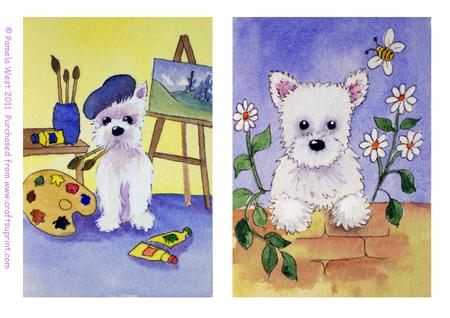 Artist Westie and Hello Westie Original Watercolour Painting