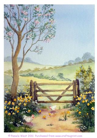 Chickens and Daffodils. Original Watercolour Painting