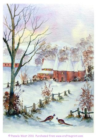 Oast Houses in Snow Original Watercolour Painting