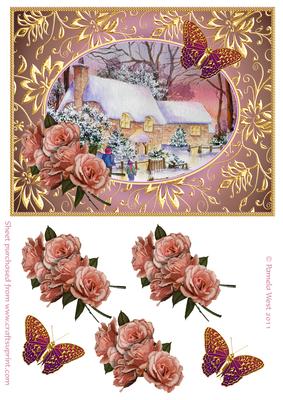 Cottages in Snow with Roses and Butterflies Decoupage