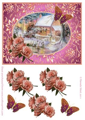 Winter Cottage with Roses and Butterflies Decoupage