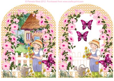 Archway with Flowers and Girl Gardening Decoupage