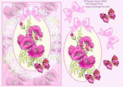 Watercolour Cameo with Lace Pink Poppies Decoupage Sheet