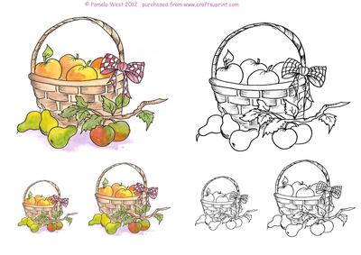 Basket of Fruit Digital Stamp and Watercoloured Stamp