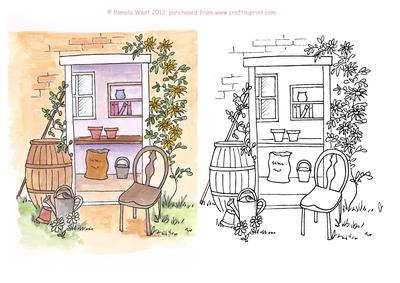 Potting Shed Digital Stamp and Watercoloured Digital Stamp