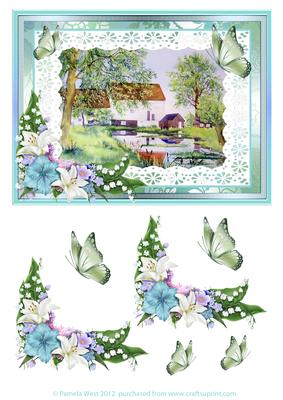 Packenham Mill Watercolour with Lilies Decoupage Sheet