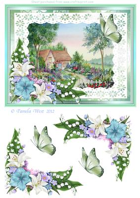 Cottage Garden with Lilies Watercolour Decoupage Sheet