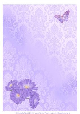 Lilac Damask Background with Flowers and Butterflies
