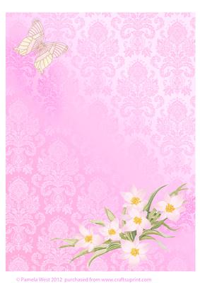 Pink Damask Background with Flowers and Butterflies