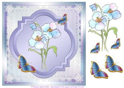 8x8 Watercolour Blue Poppy with Butterflies Decoupage