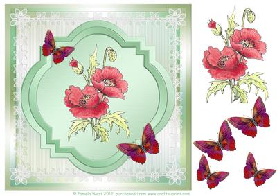 8x8 Watercolour Red Poppies with Butterflies Decoupage