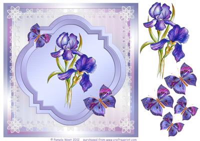 8x8 Watercolour Flowers Irises with Butterflies Decoupage