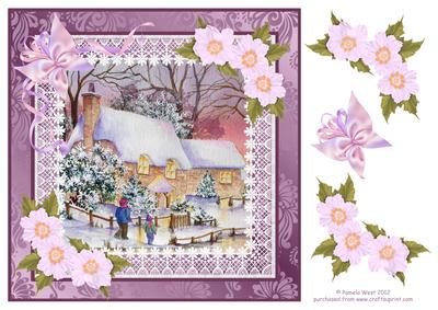 8x8 Cottages in Snow with Flowers Decoupage