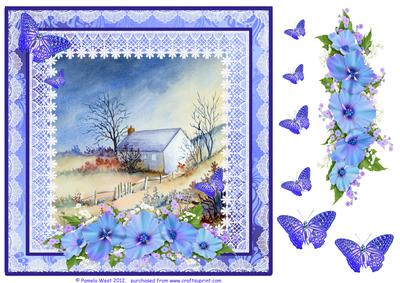 8x8 Yorkshire Cottage with Butterflies and Flowers Decoupage