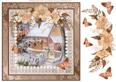 8x8 Woodland Cottage Sepia Flowers & Butterflies Decoupage