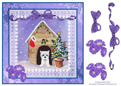 8x8 Christmas Westie in His Kennel Decoupage