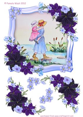 Crossing the Stream Watercolour with Blue Frame & Flowers