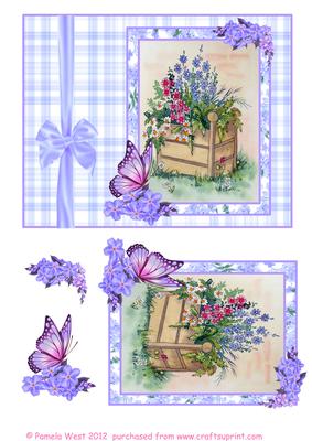 Tub of Flowers with Butterfly and Forget Me Nots