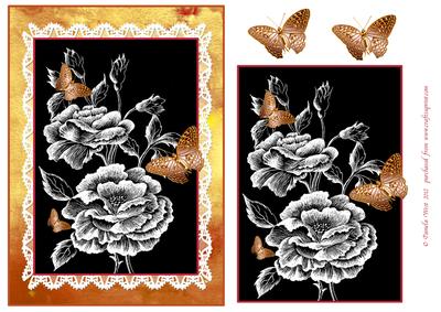 Black and White Rose with Gold Butterflies