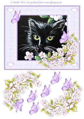 Black Cat and Apple Blossom Decoupage