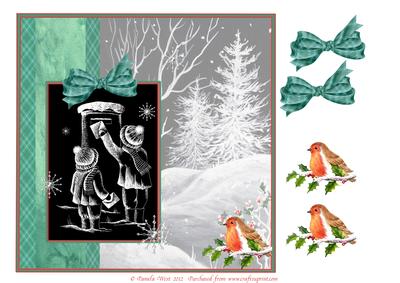 Black and White Posting a Letter with Tartan Bow and Robin