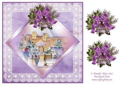8x8 Christmas Cottages with Bells and Bow Decoupage