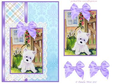 Westie by the Gate with Tartan and Bows Decoupage