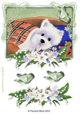 Tired Westie with Lilies and Butterflies Decoupage