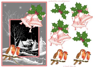 Black & White Cottages with Robins, Bells and Holly Decoupag