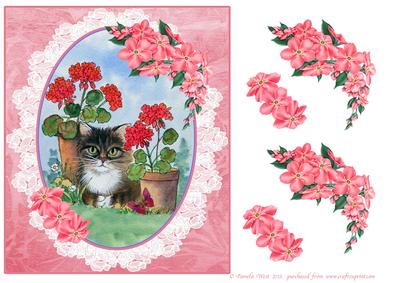 Cat and Geraniums Decoupage Topper