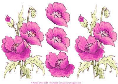 Watercolour Pink Poppies Decoupage Sheet
