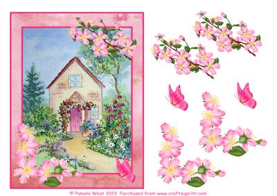 Apple Blossom Cottage with Flowers and Butterflies Decoupage