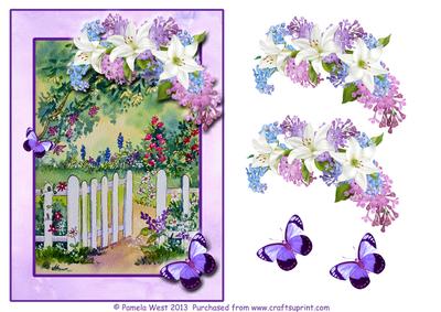 Garden Gate with Flowers and Butterflies Decoupage