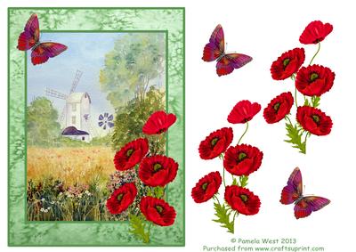 Windmill and Poppies Decoupage Sheet