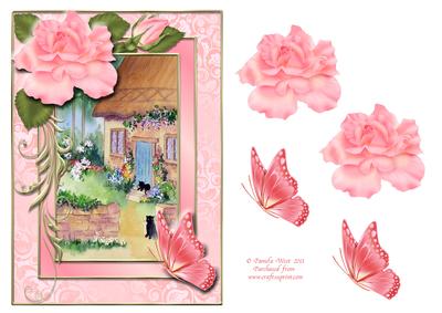 Rose Frame with Cottage and Butterflies Decoupage