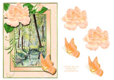 Rose Frame with Forest Stream and Butterflies Decoupage