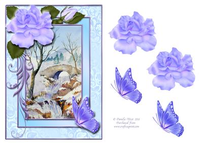 Rose Frame Bridge in Winter with Butterflies Decoupage