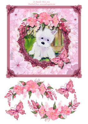 8x8 Cute Westie with Butterfly and Flowers Decoupage