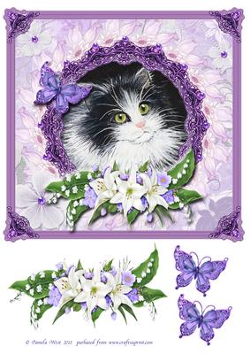 8x8 Black Kitten with Lilies and Butterflies Decoupage