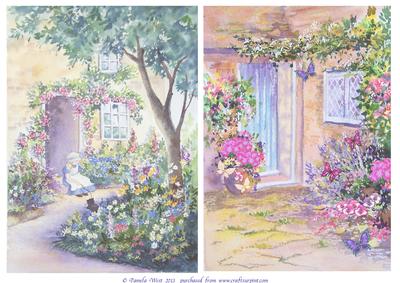 2 Watercolour Backgrounds Cottage Doors