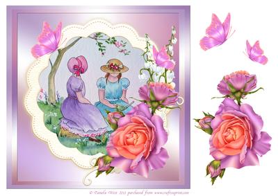 Reading a Book with Roses and Butterflies Decoupage Topper