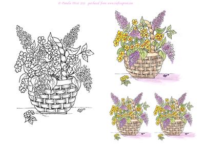 Digital Stamp Basket of Lilacs with Coloured Version