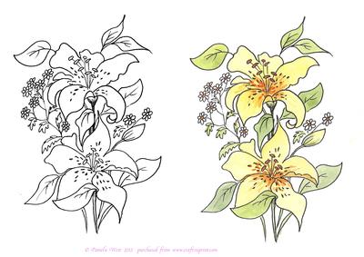 Digital Stamp Yellow Lilies with Coloured Version Too