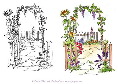 Archway and Sunflowers Digital Stamp + Watercoloured Version