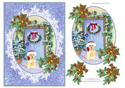 Puppy in the Snow by the Cottage Door Decoupage Topper